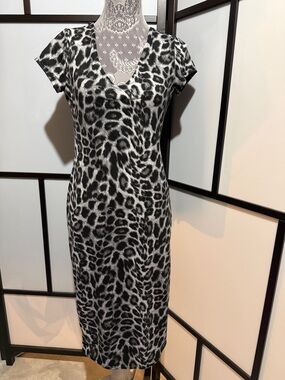 See You Monday Black & White Leopard Print V-Neck Midi Dress